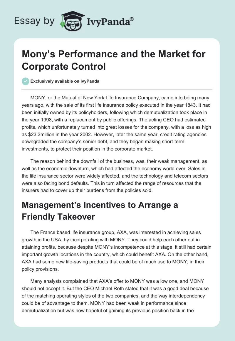 Mony’s Performance and the Market for Corporate Control. Page 1