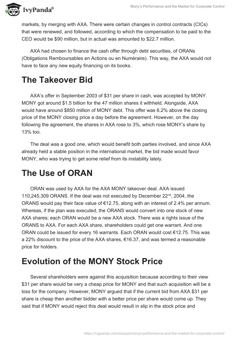 Mony’s Performance and the Market for Corporate Control. Page 2