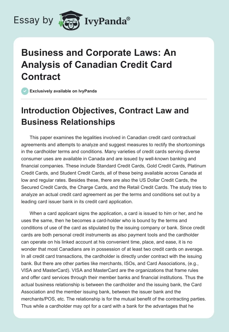 Business and Corporate Laws: An Analysis of Canadian Credit Card Contract. Page 1
