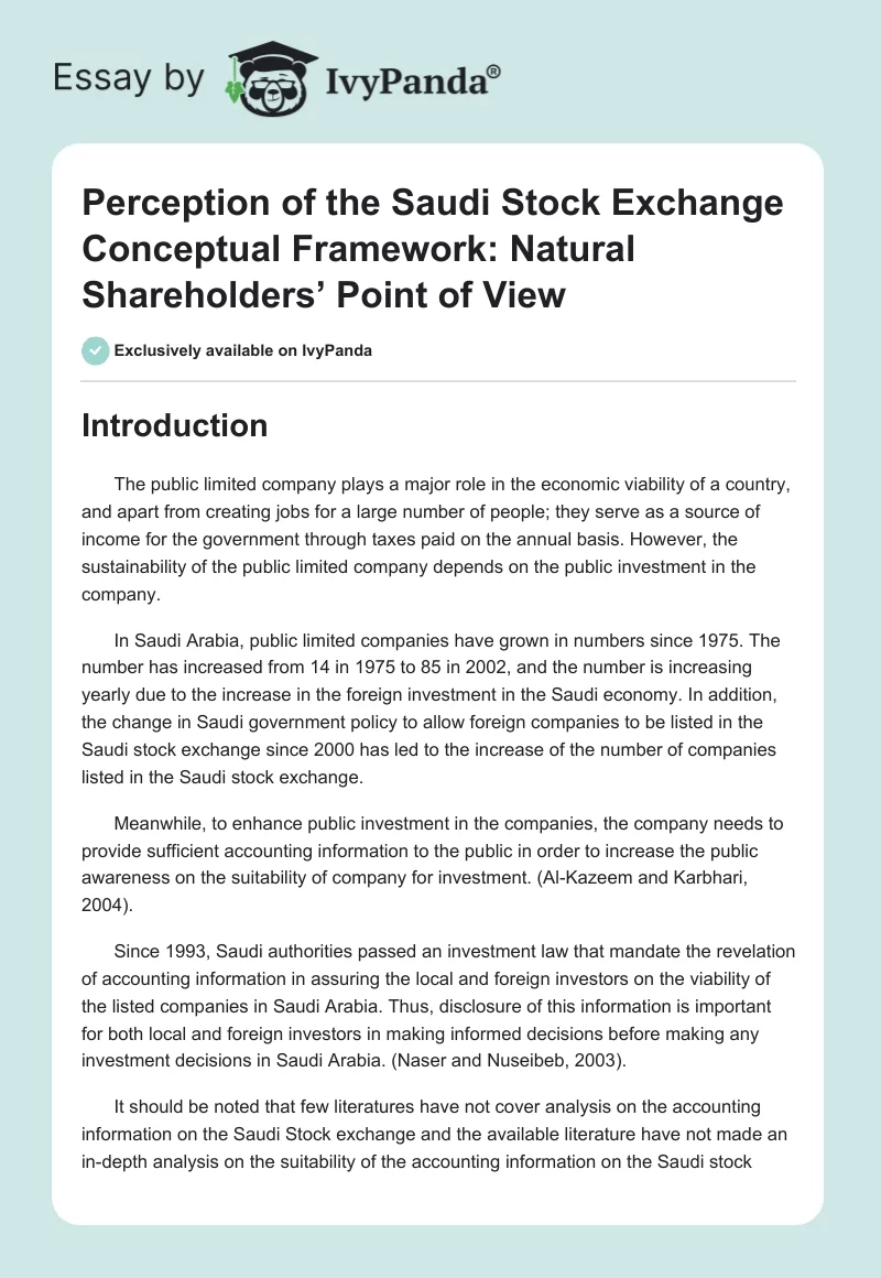 Perception of the Saudi Stock Exchange Conceptual Framework: Natural Shareholders’ Point of View. Page 1