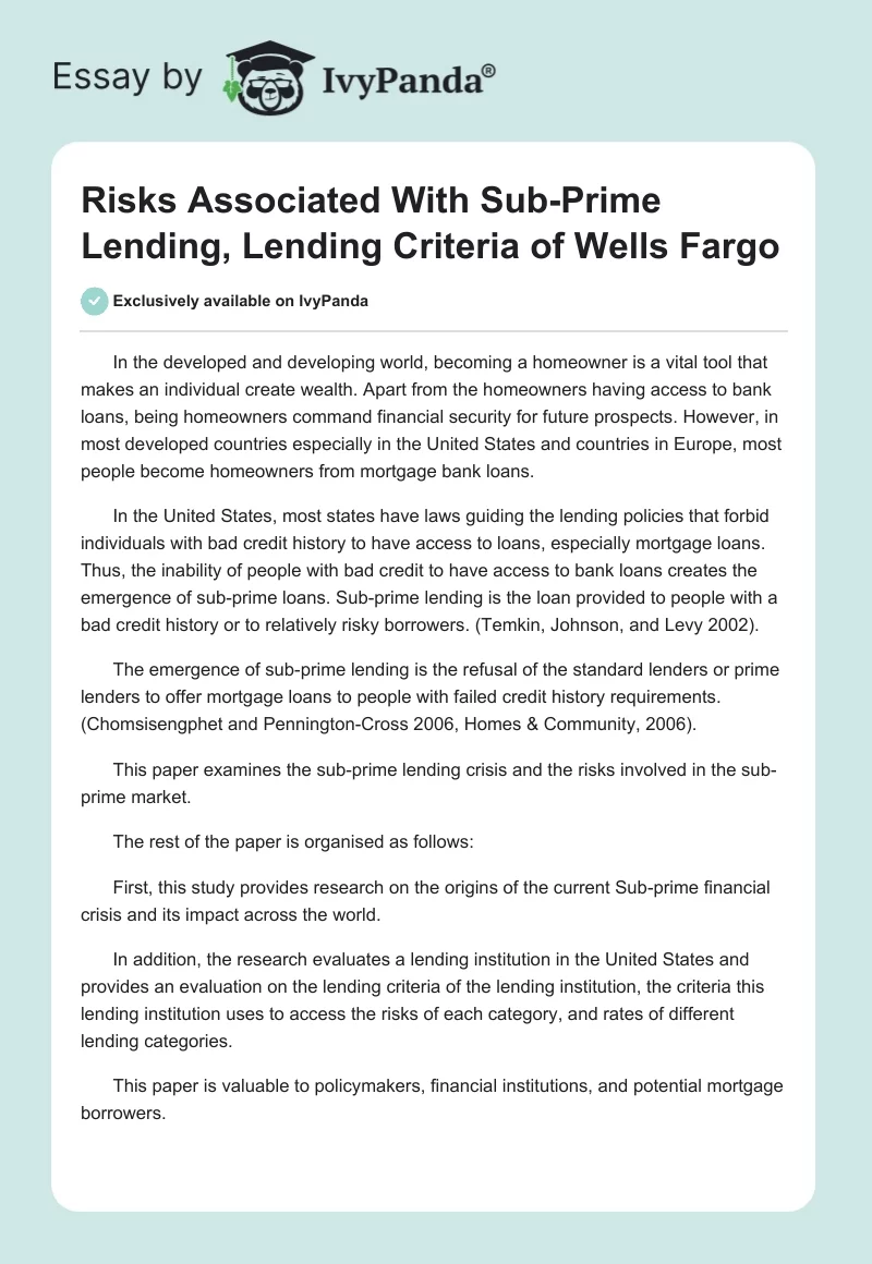 Risks Associated With Sub-Prime Lending, Lending Criteria of Wells Fargo. Page 1