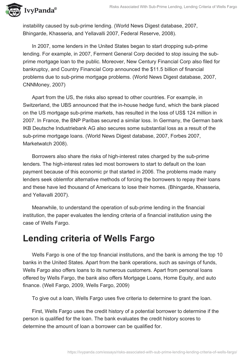 Risks Associated With Sub-Prime Lending, Lending Criteria of Wells Fargo. Page 4