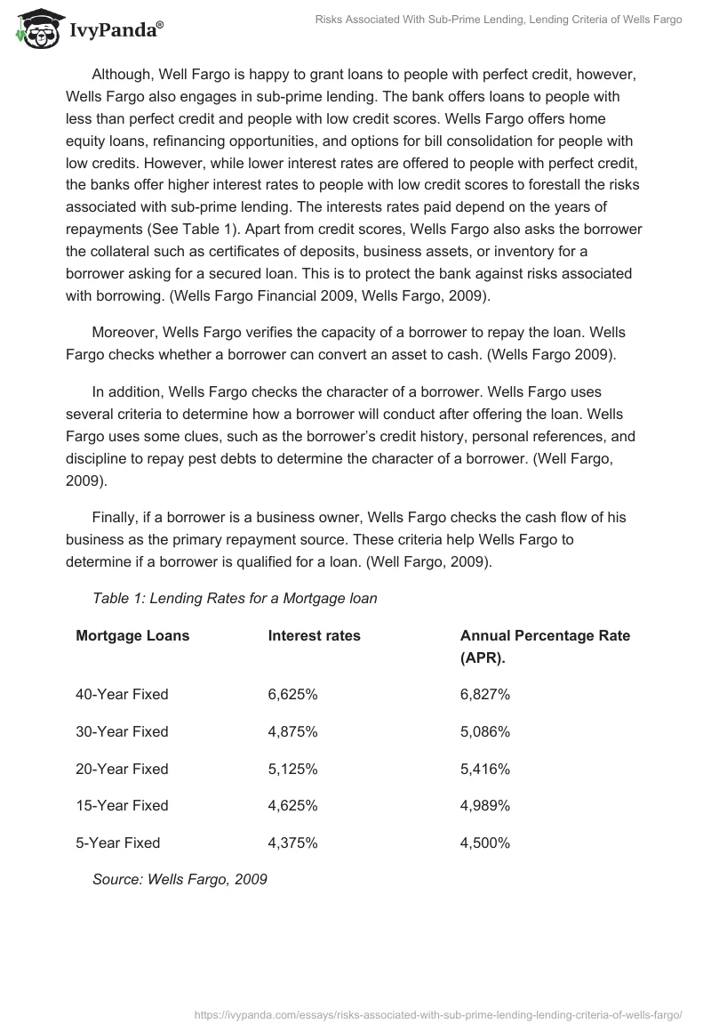 Risks Associated With Sub-Prime Lending, Lending Criteria of Wells Fargo. Page 5