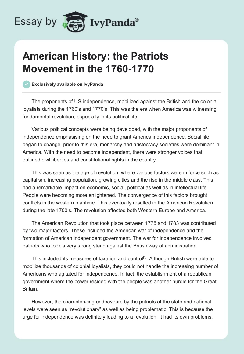 American History: the Patriots Movement in the 1760-1770. Page 1