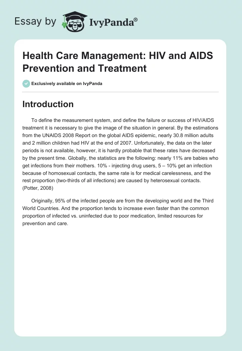 Health Care Management: HIV and AIDS Prevention and Treatment. Page 1