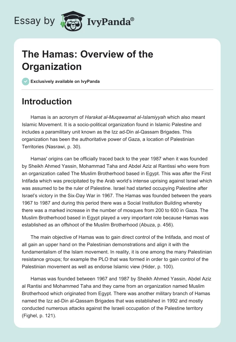 The Hamas: Overview of the Organization. Page 1