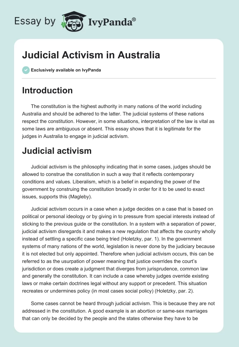 Judicial Activism in Australia. Page 1