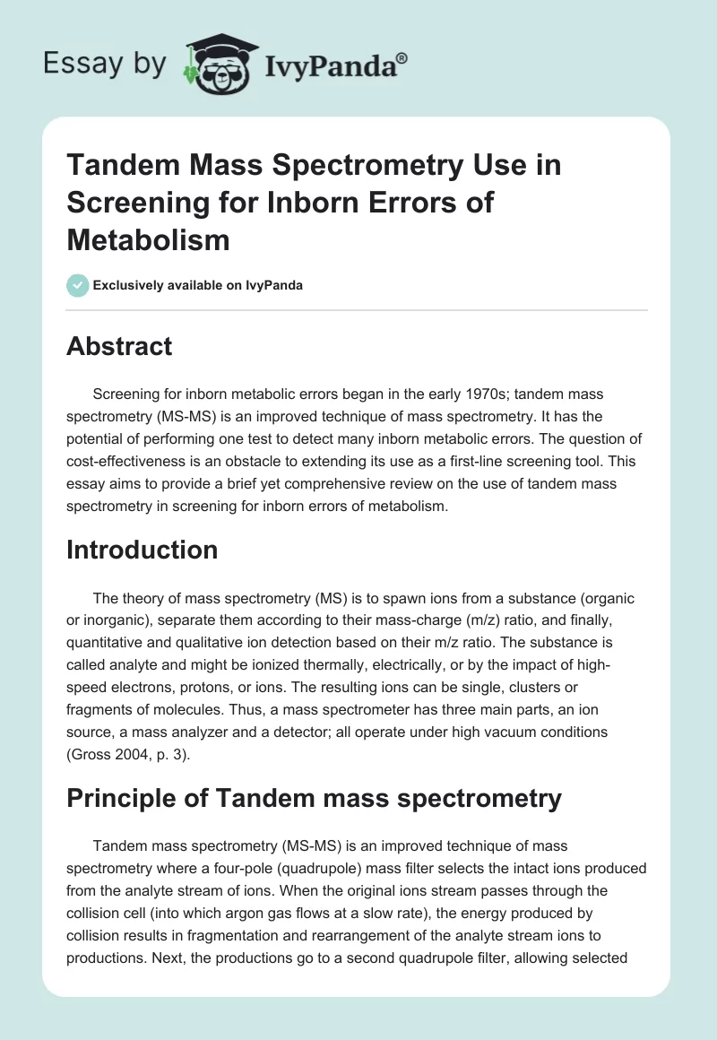 Tandem Mass Spectrometry Use in Screening for Inborn Errors of Metabolism. Page 1