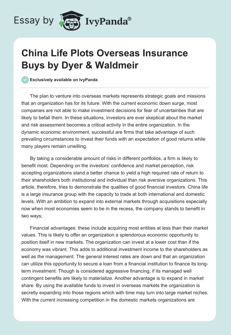 "China Life Plots Overseas Insurance Buys" by Dyer & Waldmeir. Page 1