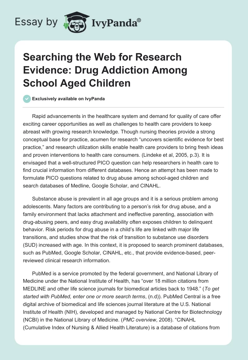 Searching the Web for Research Evidence: Drug Addiction Among School Aged Children. Page 1