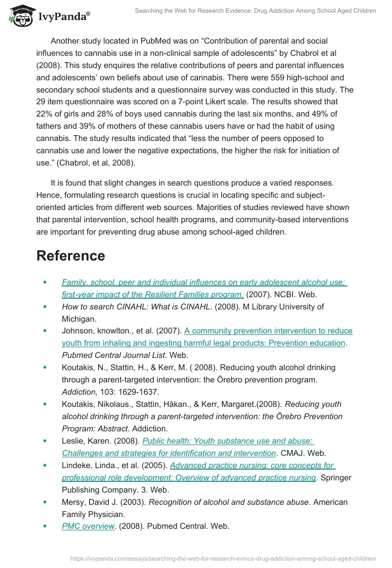 Searching the Web for Research Evidence: Drug Addiction Among School Aged Children. Page 5
