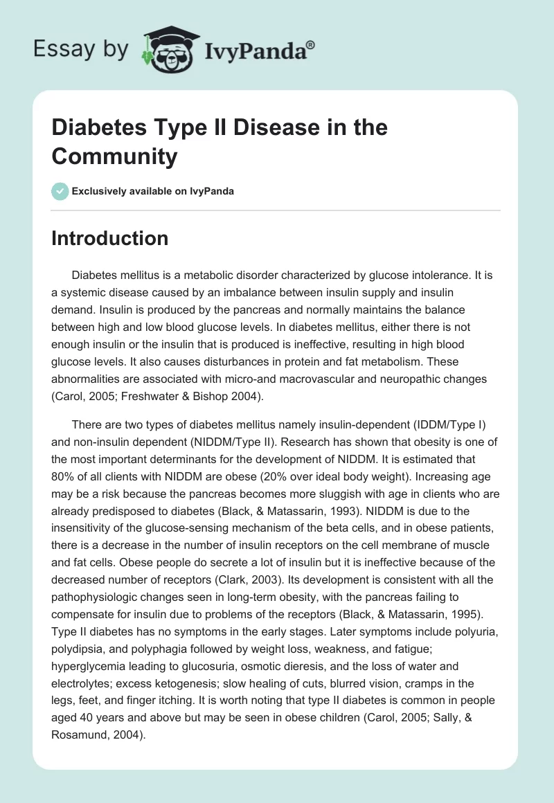 Diabetes Type II Disease in the Community. Page 1
