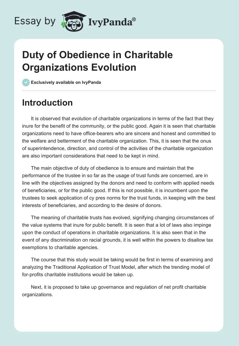 Duty of Obedience in Charitable Organizations Evolution. Page 1