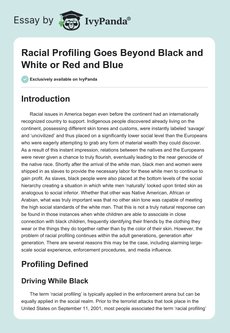 Racial Profiling Goes Beyond Black and White or Red and Blue. Page 1