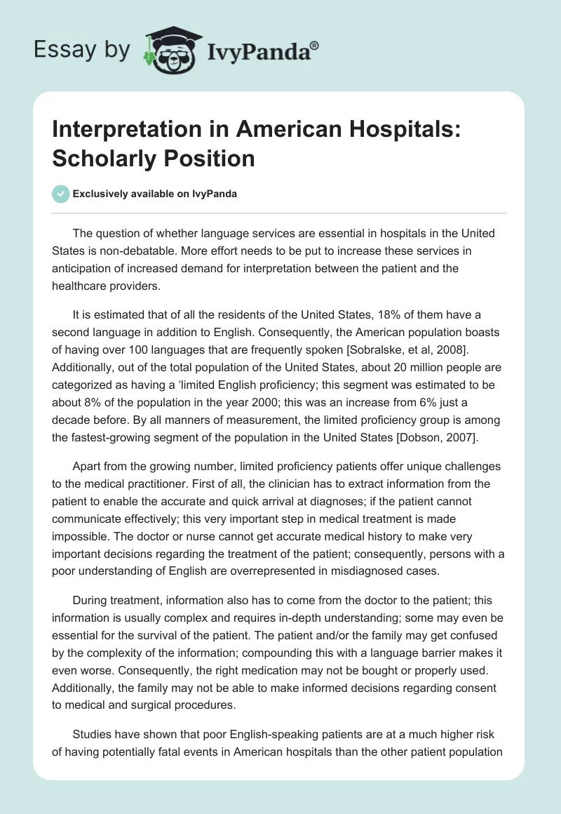 Interpretation in American Hospitals: Scholarly Position. Page 1