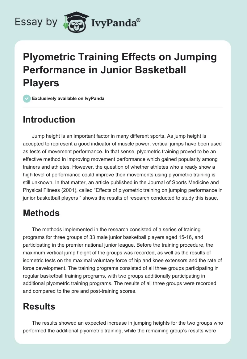 Plyometric Training Effects on Jumping Performance in Junior Basketball Players. Page 1