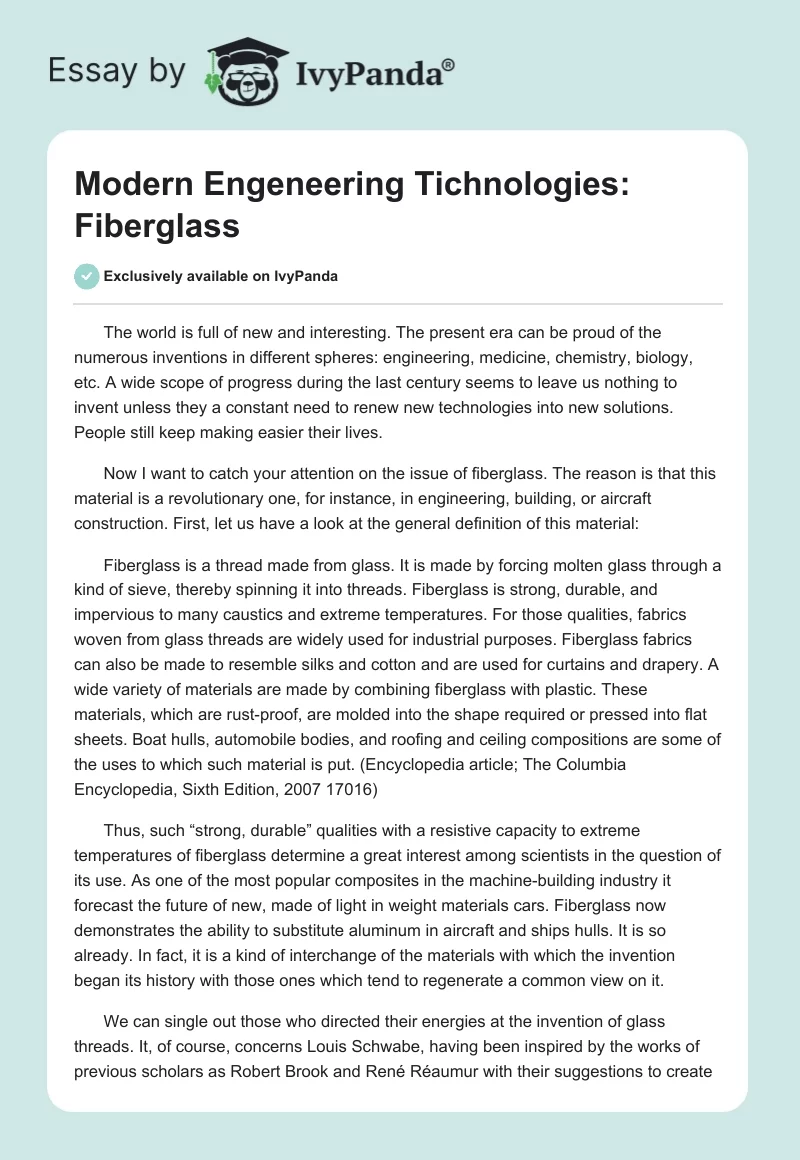 Modern Engeneering Tichnologies: Fiberglass. Page 1