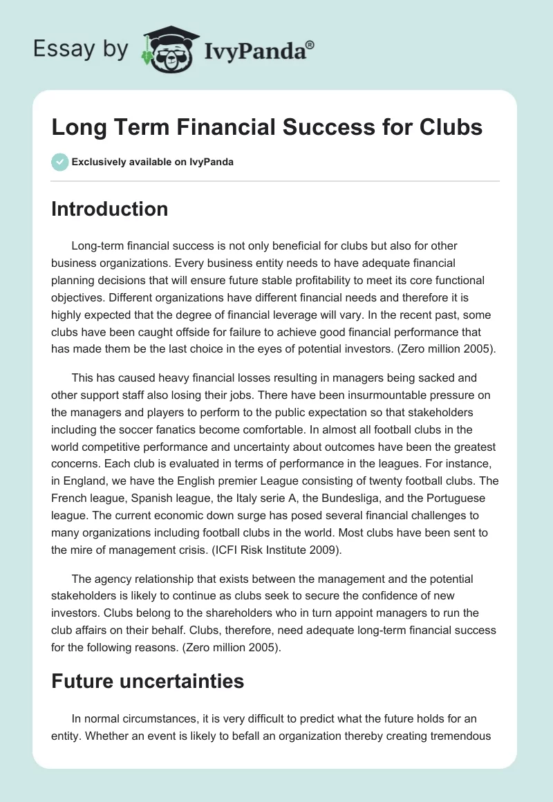 Long Term Financial Success for Clubs. Page 1
