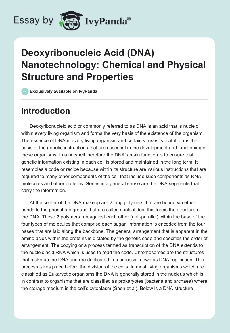 Deoxyribonucleic Acid (DNA) Nanotechnology: Chemical and Physical Structure and Properties. Page 1