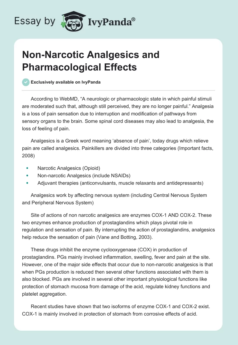 Non-Narcotic Analgesics and Pharmacological Effects. Page 1