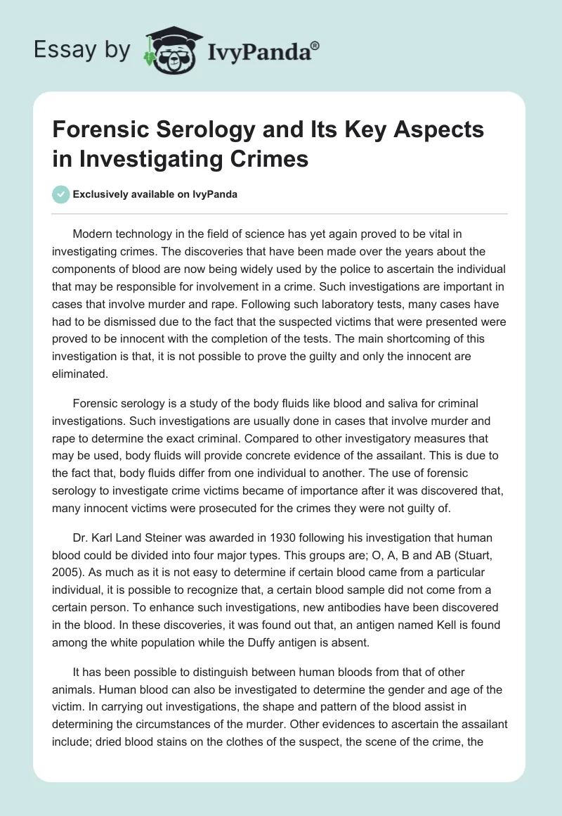 Forensic Serology and Its Key Aspects in Investigating Crimes. Page 1
