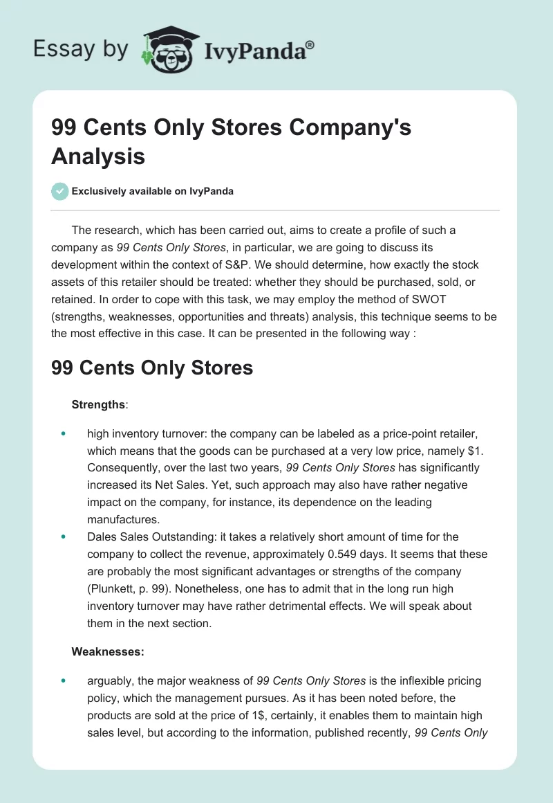 99 Cents Only Stores Company's Analysis. Page 1
