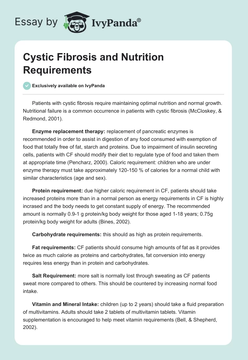 Cystic Fibrosis and Nutrition Requirements. Page 1
