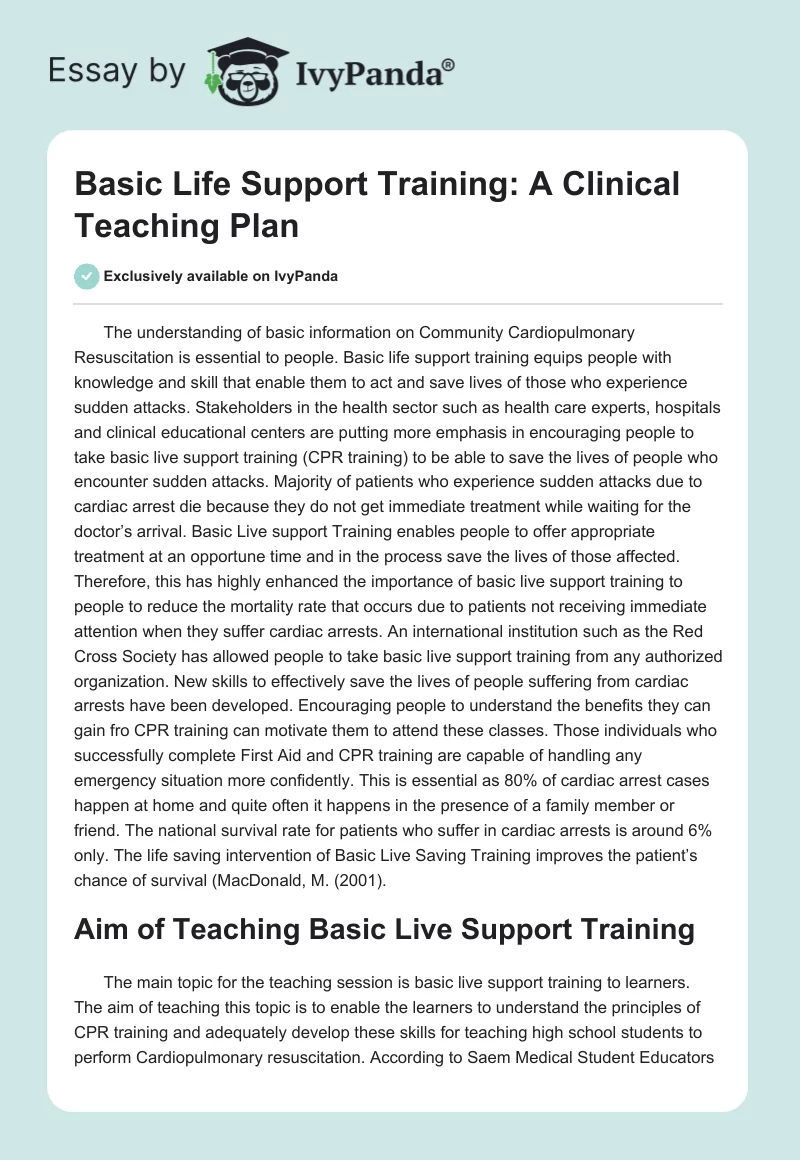 Basic Life Support Training: A Clinical Teaching Plan. Page 1