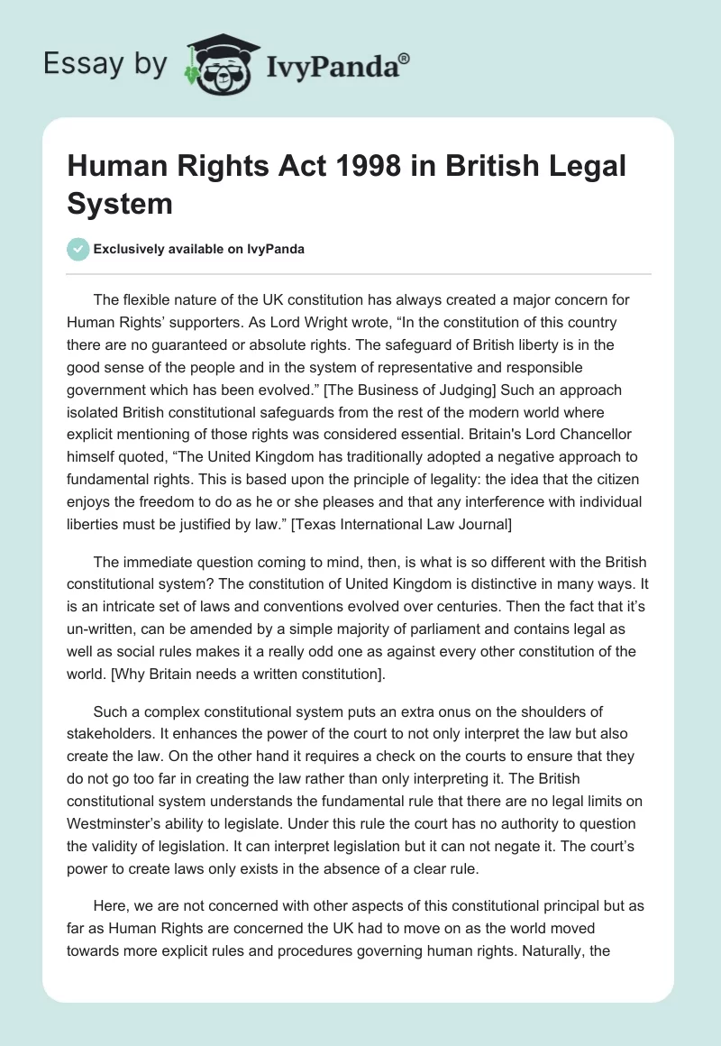 Human Rights Act 1998 in British Legal System. Page 1