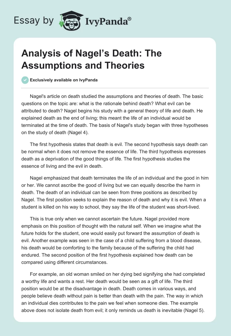 Analysis of Nagel’s Death: The Assumptions and Theories. Page 1