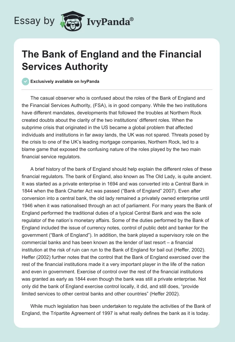 The Bank of England and the Financial Services Authority. Page 1