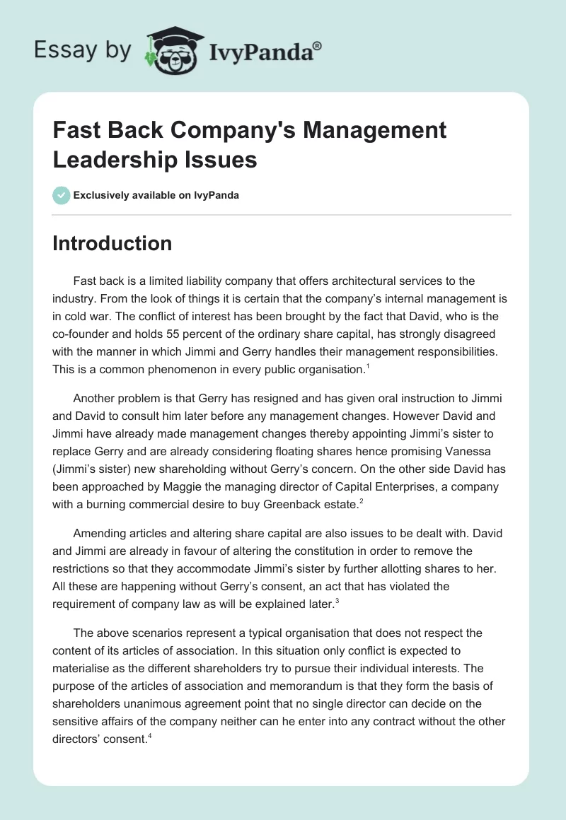 Fast Back Company's Management Leadership Issues. Page 1
