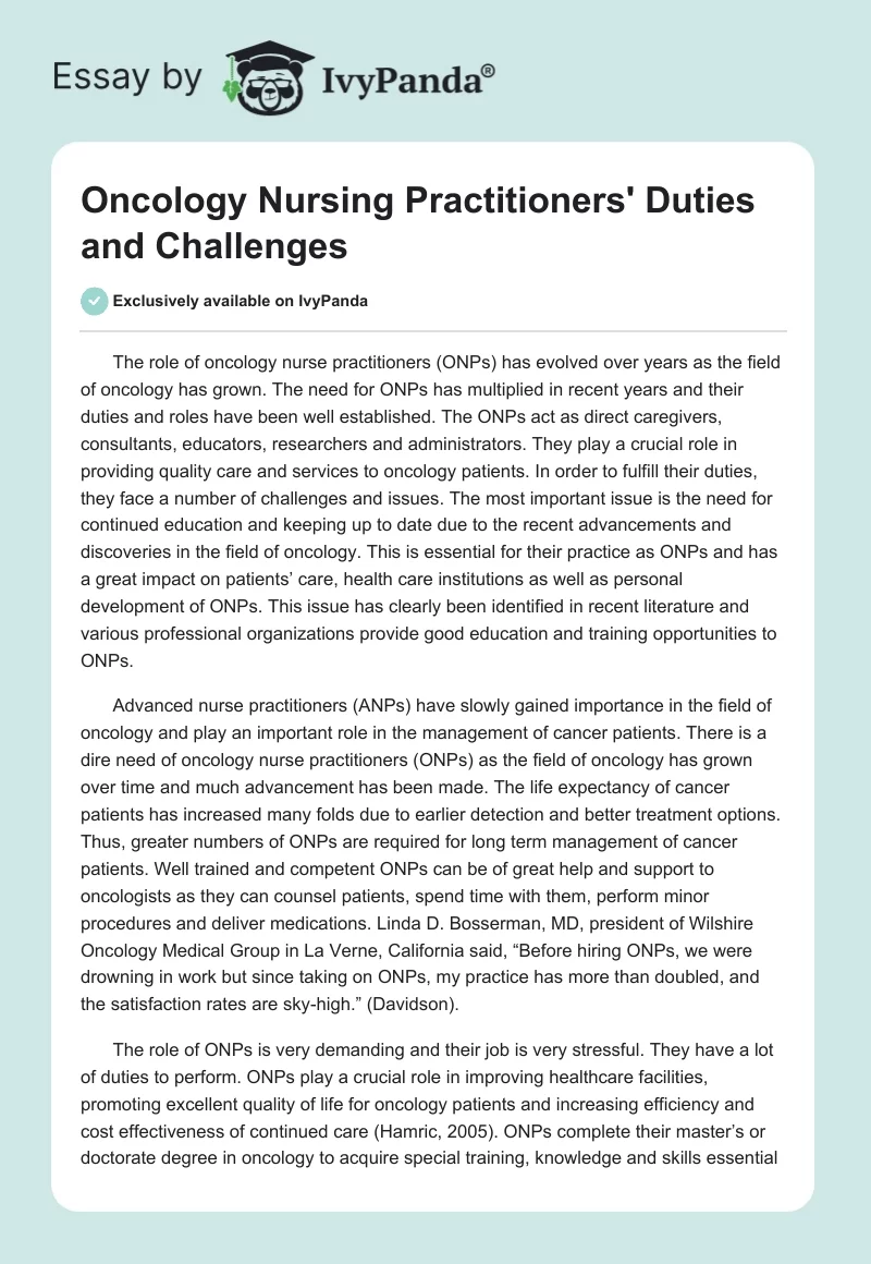Oncology Nursing Practitioners' Duties and Challenges. Page 1