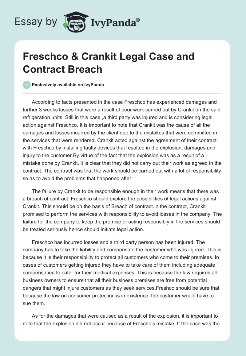 Freschco & Crankit Legal Case and Contract Breach. Page 1