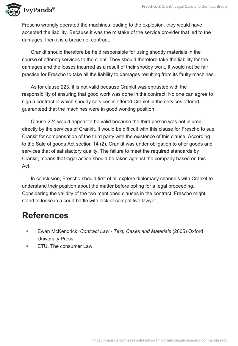 Freschco & Crankit Legal Case and Contract Breach. Page 2