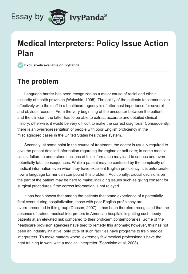 Medical Interpreters: Policy Issue Action Plan. Page 1