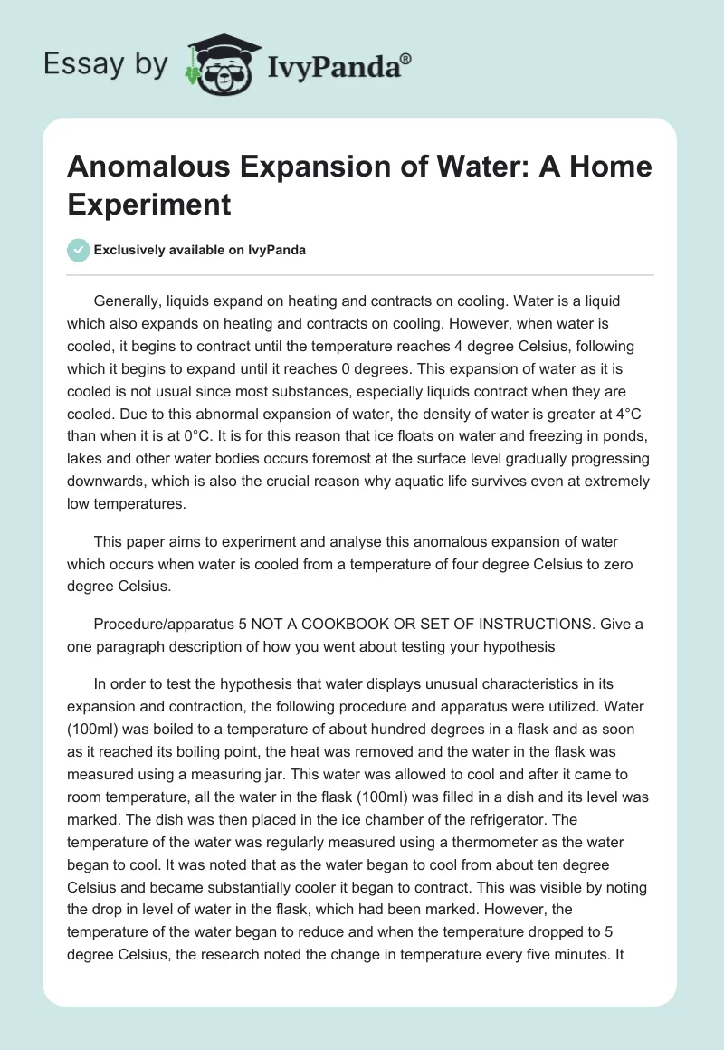 Anomalous Expansion of Water: A Home Experiment. Page 1