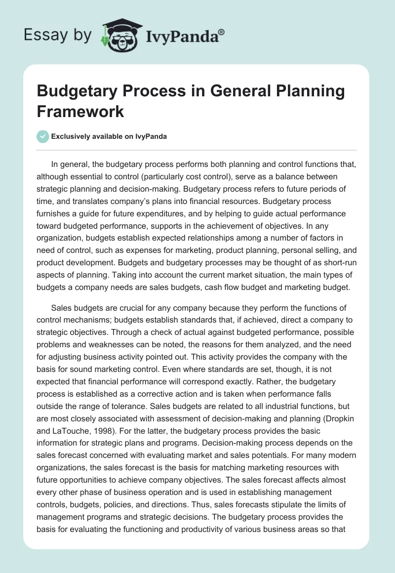 Budgetary Process in General Planning Framework. Page 1
