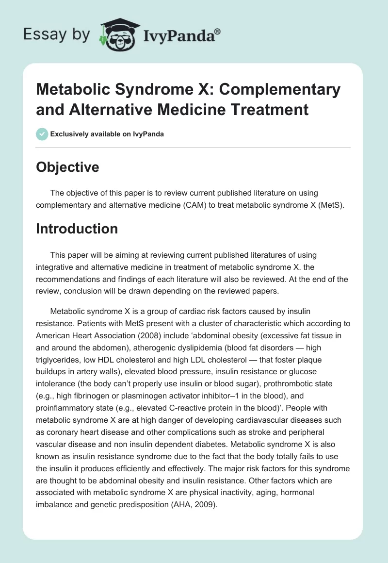 Metabolic Syndrome X: Complementary and Alternative Medicine Treatment. Page 1