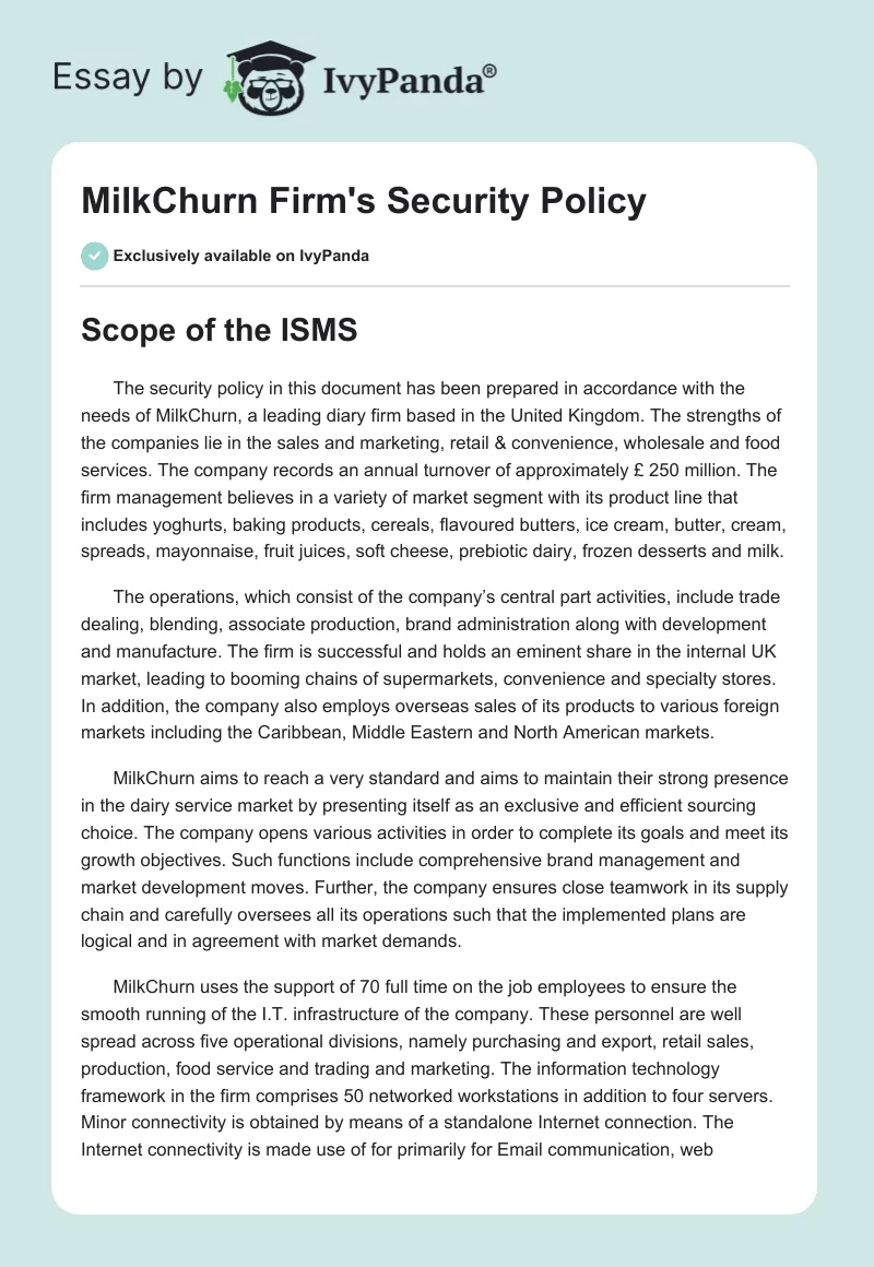 MilkChurn Firm's Security Policy. Page 1