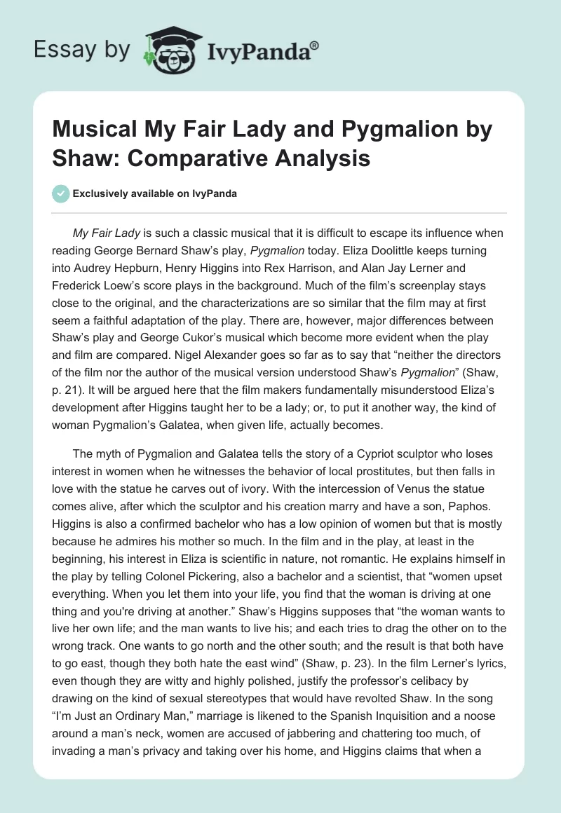 Musical "My Fair Lady" and "Pygmalion" by Shaw: Comparative Analysis. Page 1