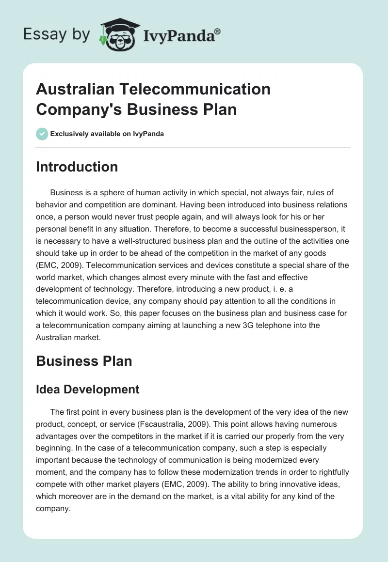 Australian Telecommunication Company's Business Plan. Page 1