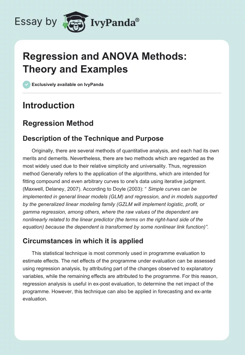 Regression and ANOVA Methods: Theory and Examples. Page 1