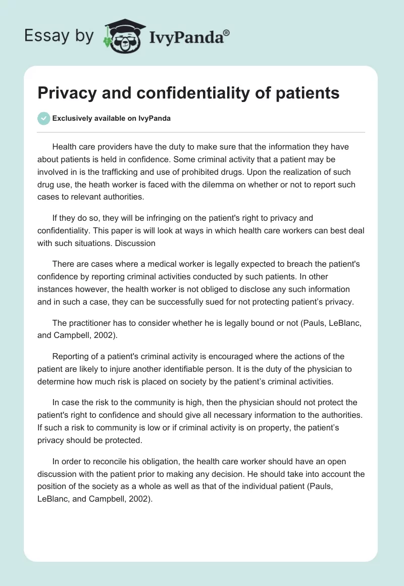 Privacy and confidentiality of patients. Page 1