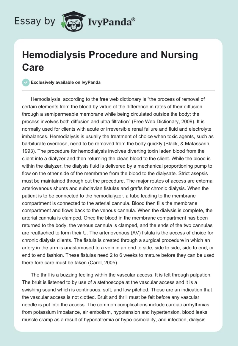Hemodialysis Procedure and Nursing Care. Page 1