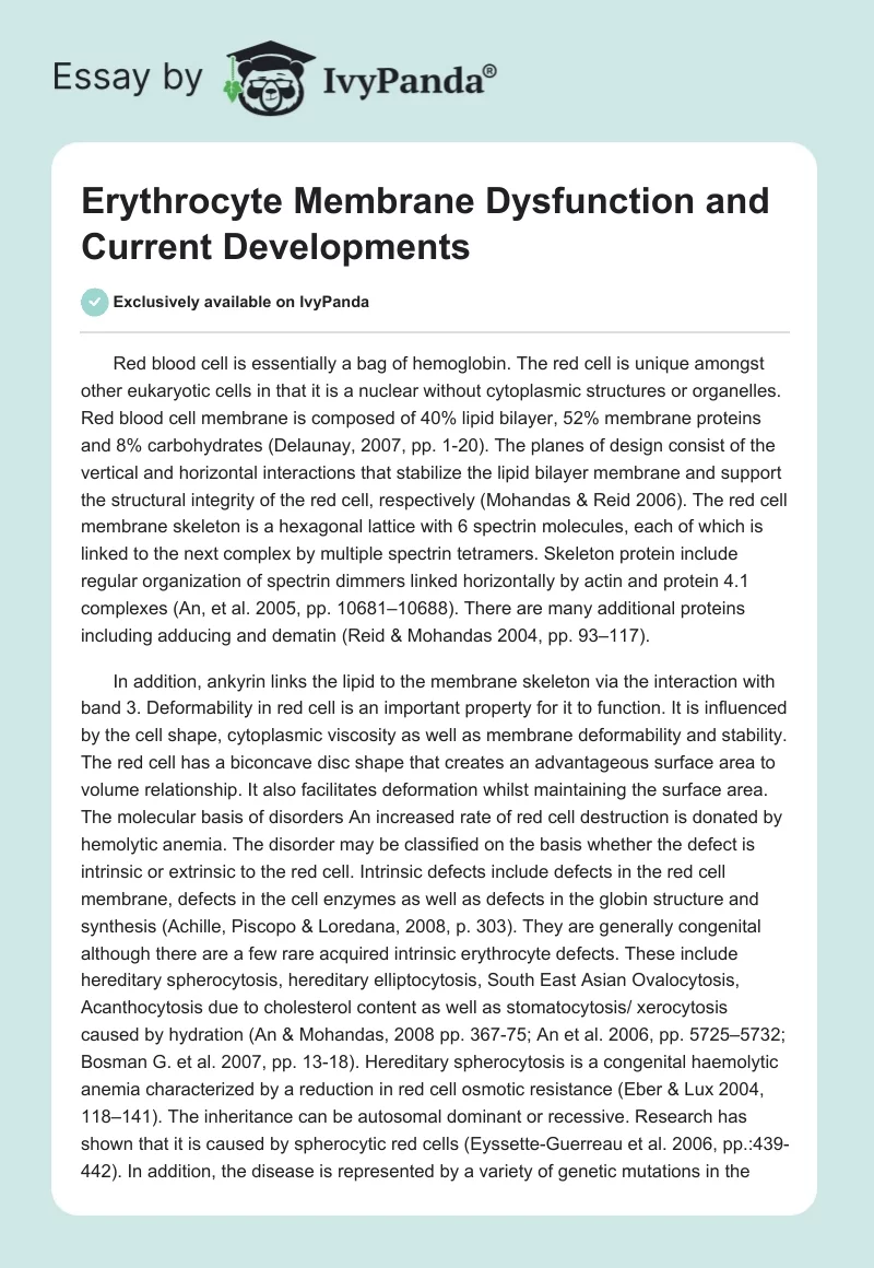 Erythrocyte Membrane Dysfunction and Current Developments. Page 1