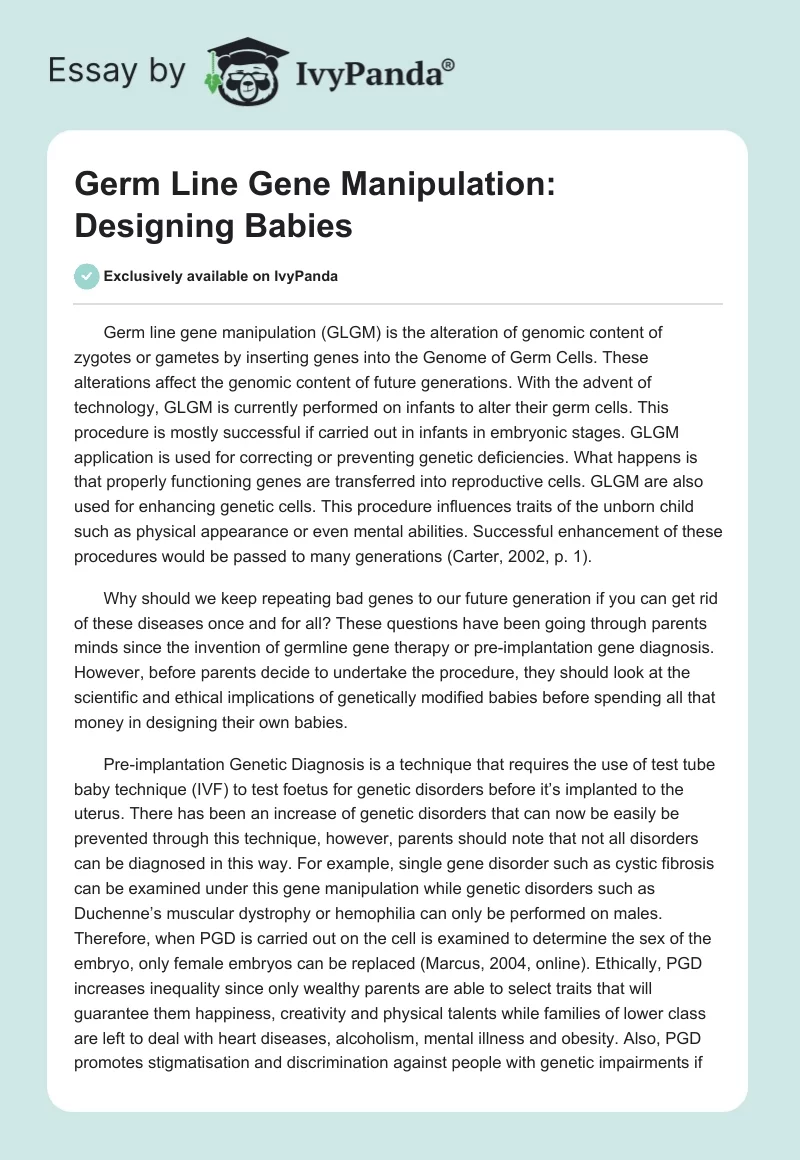 Germ Line Gene Manipulation: Designing Babies. Page 1