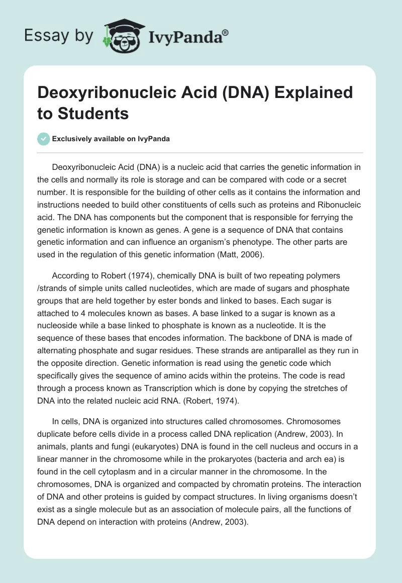 Deoxyribonucleic Acid (DNA) Explained to Students. Page 1