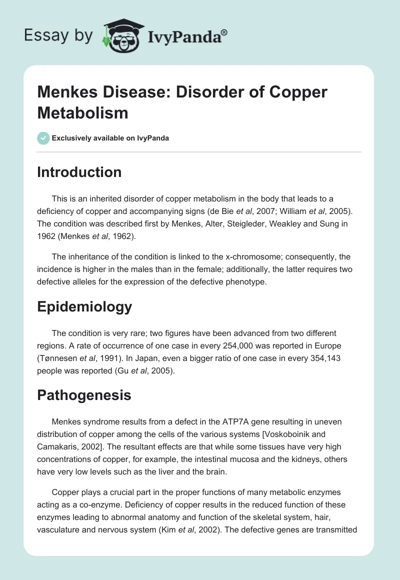 Menkes Disease: Disorder of Copper Metabolism. Page 1