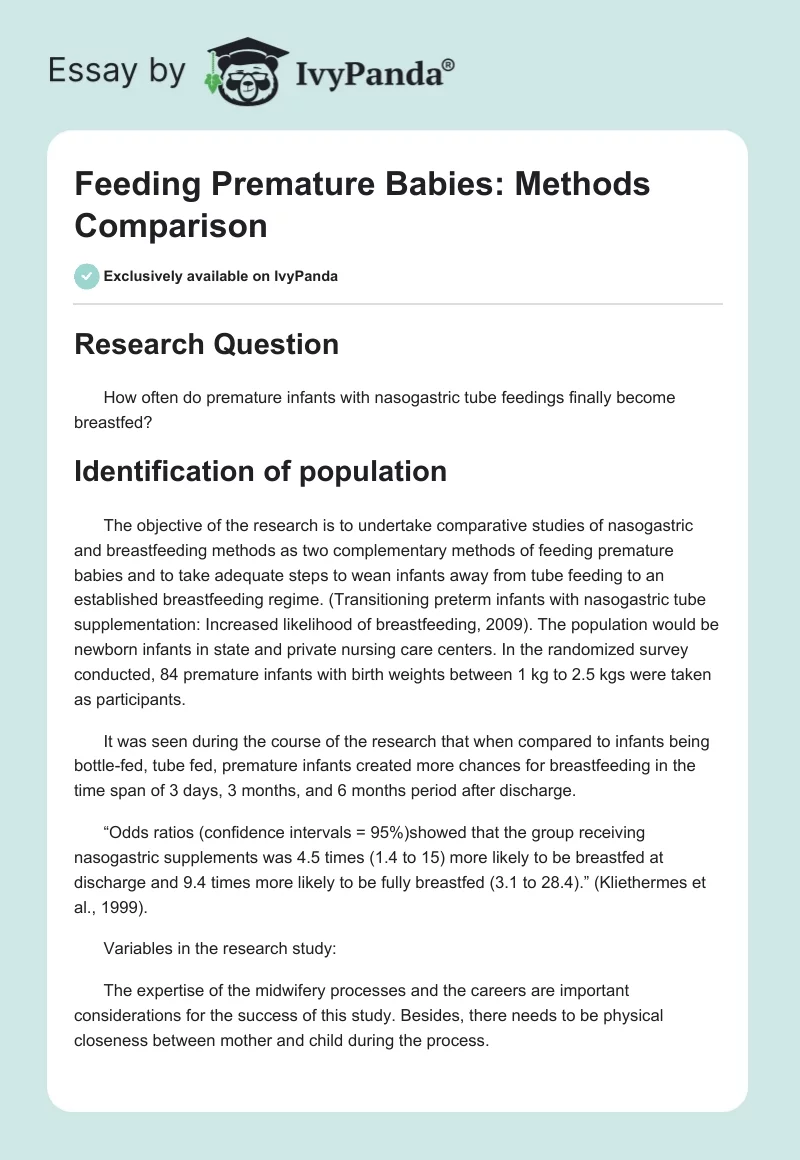 Feeding Premature Babies: Methods Comparison. Page 1